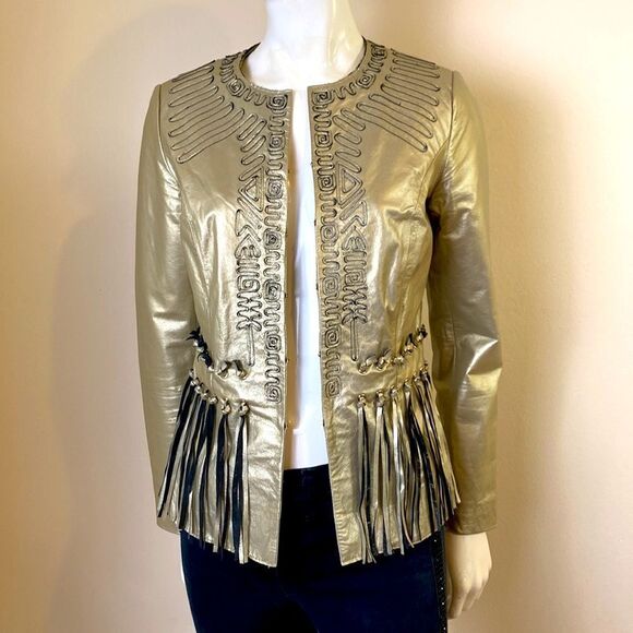 Leather Jacket Vintage 1980's Gold  with Fringe Boho Carlos Fiori Size XS - Picture 1 of 11